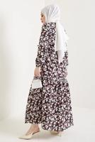 Tesettür giyim SİYAH ÇİÇEK DESENLİ KUŞAKLI ELBİSE T 434