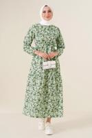 Tesettür giyim YEŞİL ÇİÇEK DESENLİ KUŞAKLI ELBİSE T 434