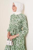 Tesettür giyim YEŞİL ÇİÇEK DESENLİ KUŞAKLI ELBİSE T 434