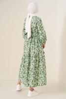 Tesettür giyim YEŞİL ÇİÇEK DESENLİ KUŞAKLI ELBİSE T 434