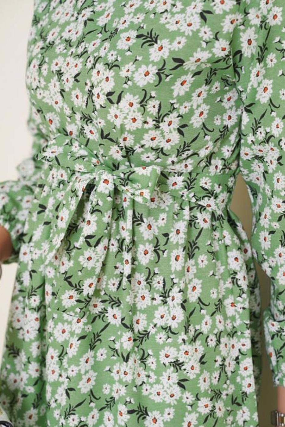 Tesettür giyim YEŞİL ÇİÇEK DESENLİ KUŞAKLI ELBİSE T 434