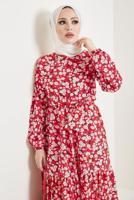 Tesettür giyim KIRMIZI ÇİÇEK DESENLİ KUŞAKLI ELBİSE T 434