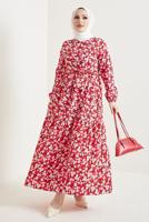 Tesettür giyim KIRMIZI ÇİÇEK DESENLİ KUŞAKLI ELBİSE T 434