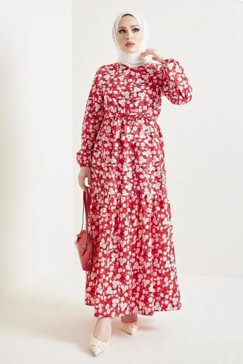 Tesettür giyim KIRMIZI ÇİÇEK DESENLİ KUŞAKLI ELBİSE T 434