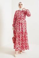 Tesettür giyim KIRMIZI ÇİÇEK DESENLİ KUŞAKLI ELBİSE T 434