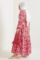 Tesettür giyim KIRMIZI ÇİÇEK DESENLİ KUŞAKLI ELBİSE T 434