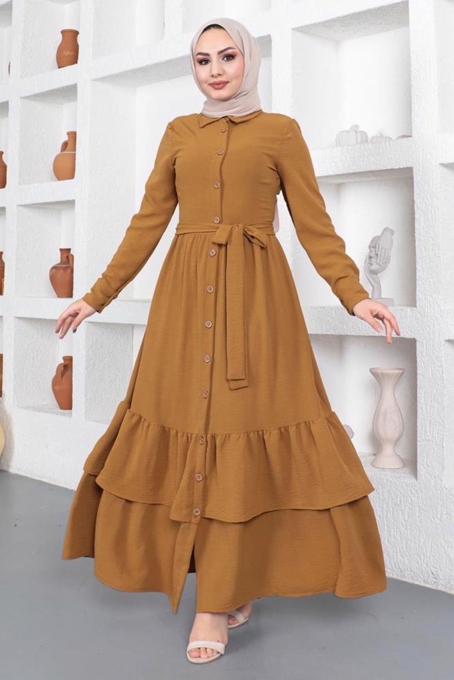 Tesettür giyim TURUNCU ETEĞİ KAT KATLI KUŞAKLI ELBİSE T 544