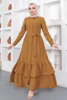 Tesettür giyim TURUNCU ETEĞİ KAT KATLI KUŞAKLI ELBİSE T 544