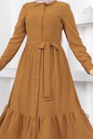 Tesettür giyim TURUNCU ETEĞİ KAT KATLI KUŞAKLI ELBİSE T 544
