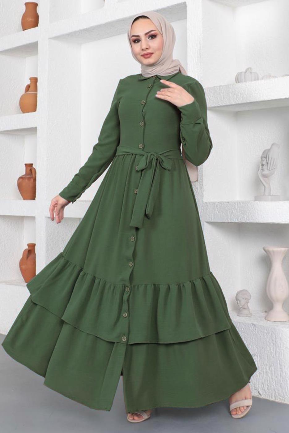 Tesettür giyim HAKİ ETEĞİ KAT KATLI KUŞAKLI ELBİSE T 544