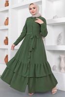 Tesettür giyim HAKİ ETEĞİ KAT KATLI KUŞAKLI ELBİSE T 544