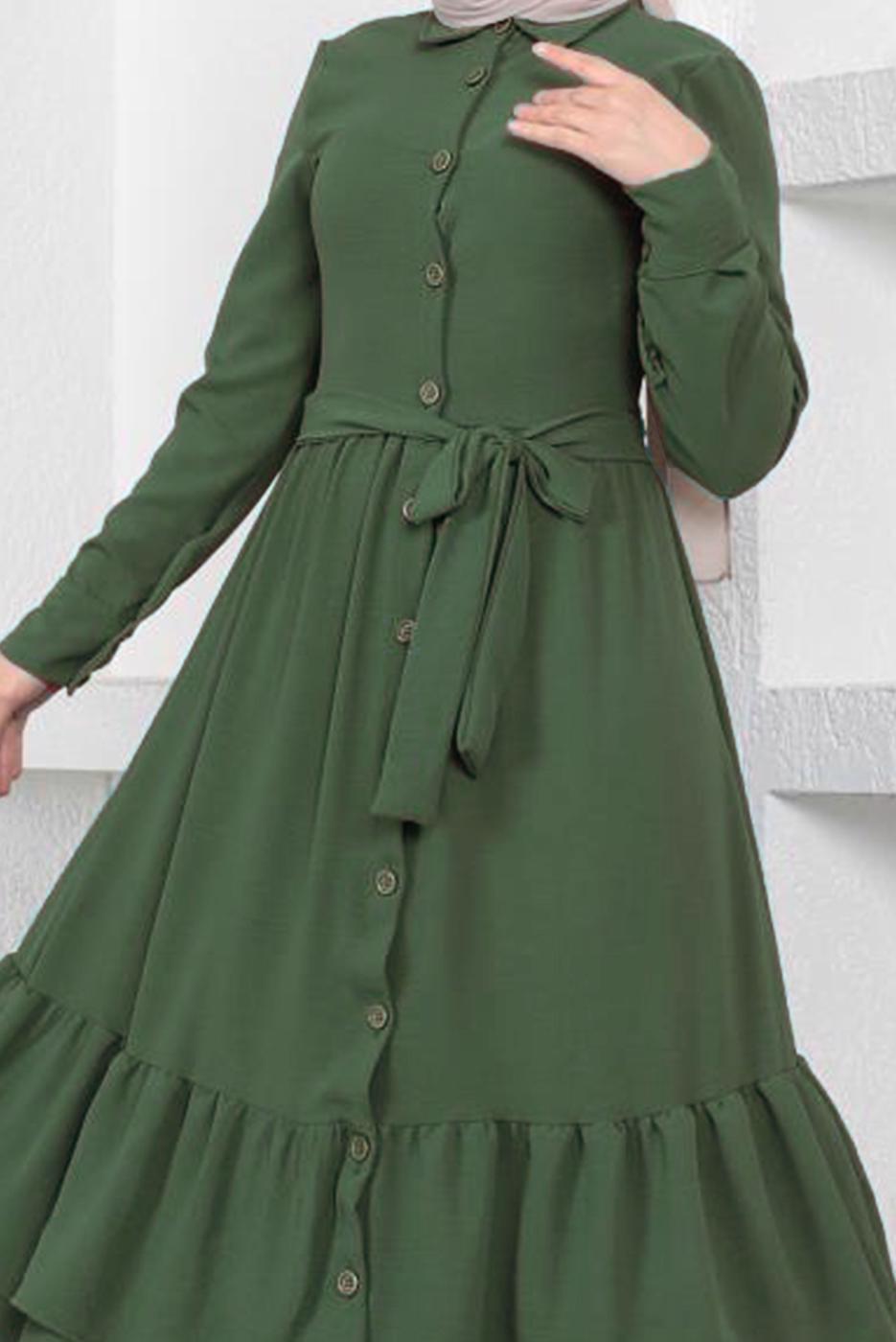 Tesettür giyim HAKİ ETEĞİ KAT KATLI KUŞAKLI ELBİSE T 544