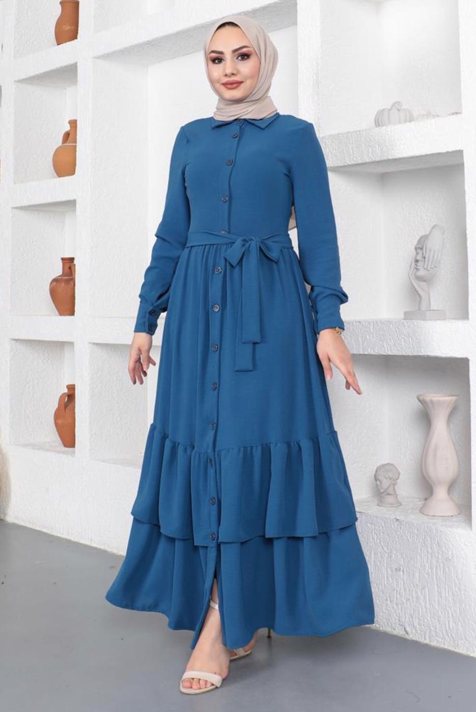 Tesettür giyim LACİVERT ETEĞİ KAT KATLI KUŞAKLI ELBİSE T 544