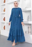 Tesettür giyim LACİVERT ETEĞİ KAT KATLI KUŞAKLI ELBİSE T 544