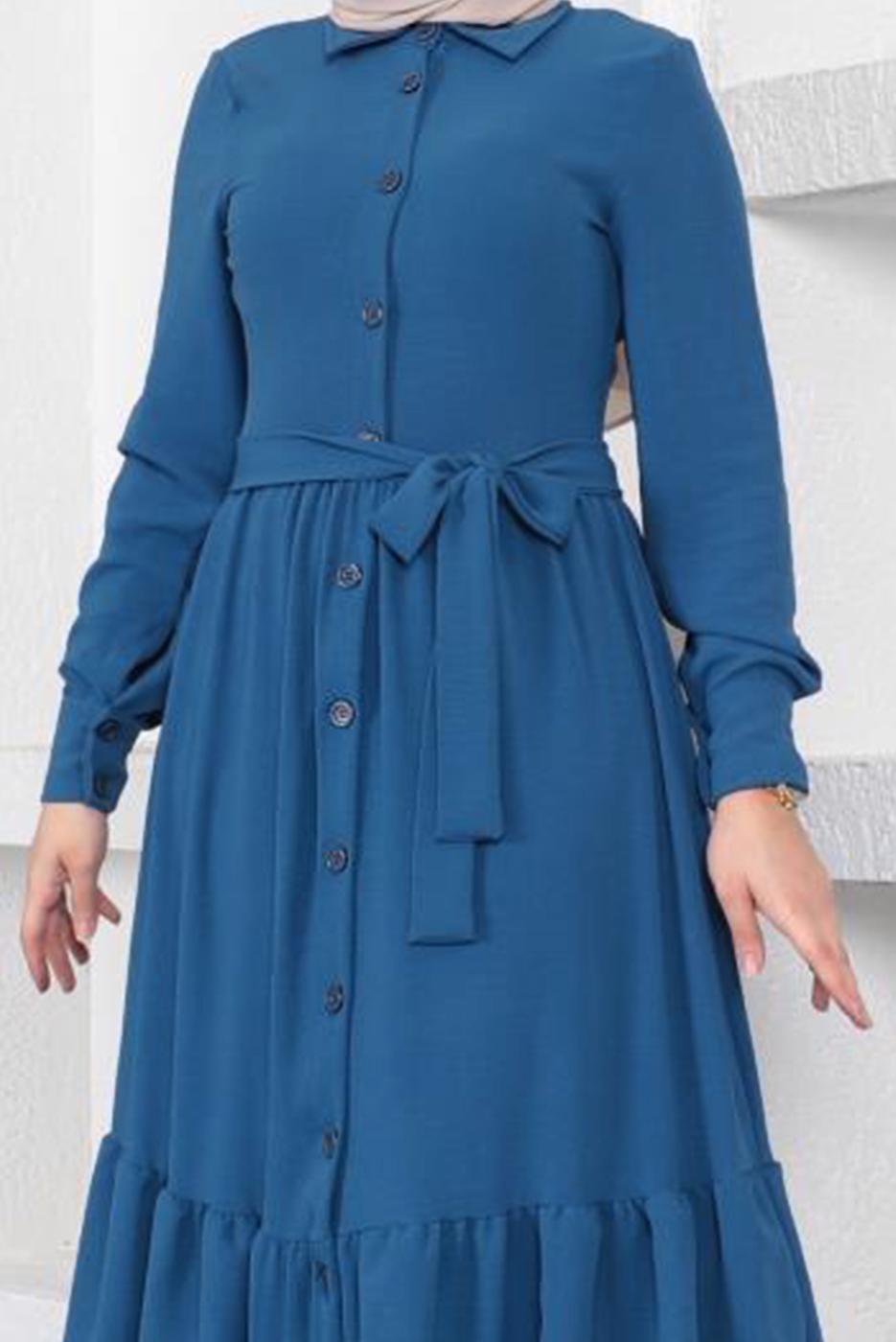 Tesettür giyim LACİVERT ETEĞİ KAT KATLI KUŞAKLI ELBİSE T 544