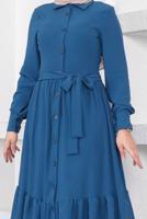 Tesettür giyim LACİVERT ETEĞİ KAT KATLI KUŞAKLI ELBİSE T 544