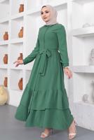Tesettür giyim YEŞİL ETEĞİ KAT KATLI KUŞAKLI ELBİSE T 544