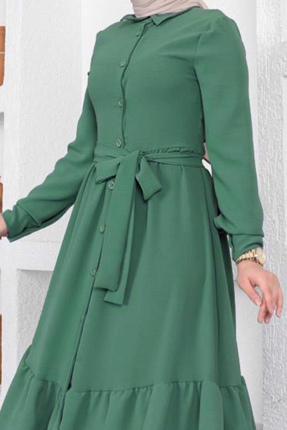 Tesettür giyim YEŞİL ETEĞİ KAT KATLI KUŞAKLI ELBİSE T 544
