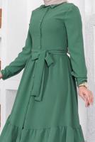 Tesettür giyim YEŞİL ETEĞİ KAT KATLI KUŞAKLI ELBİSE T 544