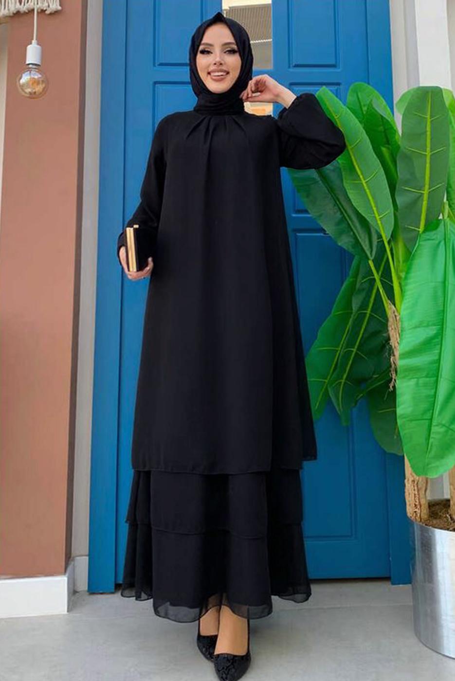 Tesettür giyim SİYAH MANŞETLERİ LASTİKLİ ŞİFON KAT ELBİSE T 0603
