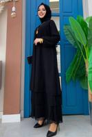 Tesettür giyim SİYAH MANŞETLERİ LASTİKLİ ŞİFON KAT ELBİSE T 0603