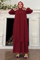 Tesettür giyim BORDO MANŞETLERİ LASTİKLİ ŞİFON KAT ELBİSE T 0603