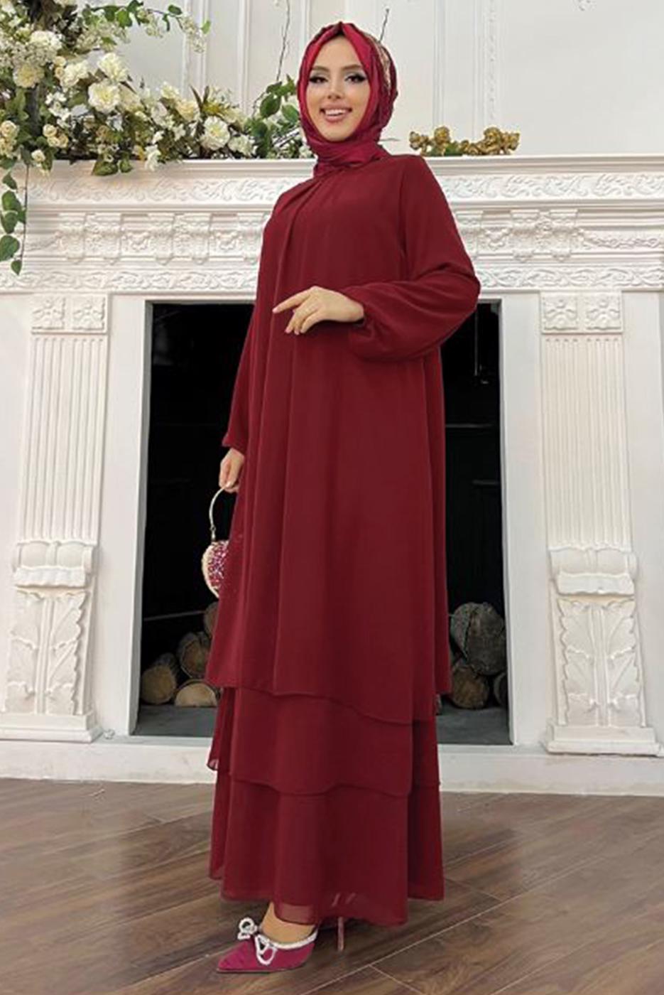 Tesettür giyim BORDO MANŞETLERİ LASTİKLİ ŞİFON KAT ELBİSE T 0603