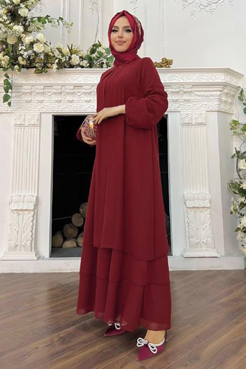 Tesettür giyim BORDO MANŞETLERİ LASTİKLİ ŞİFON KAT ELBİSE T 0603