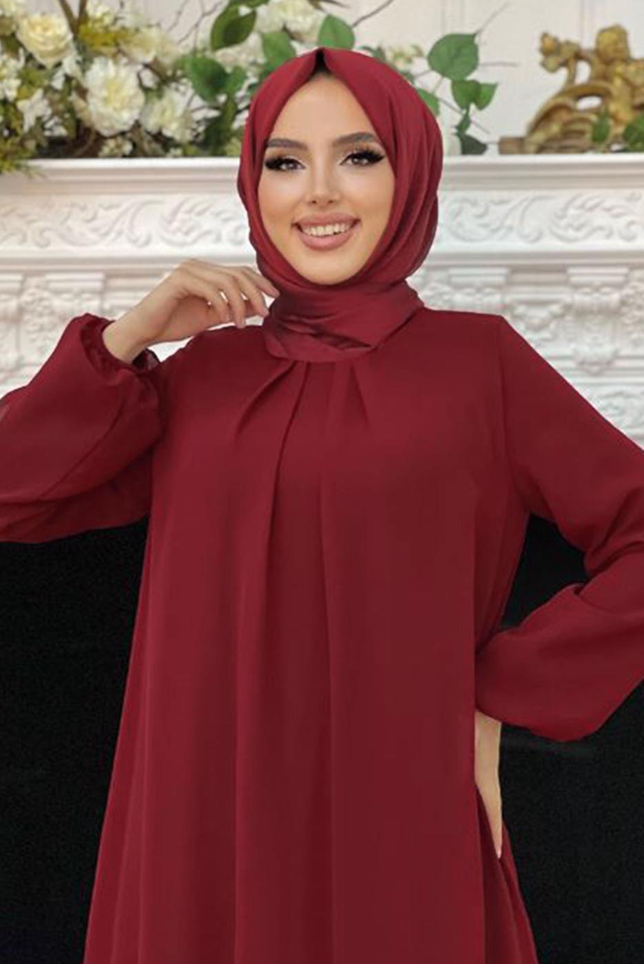 Tesettür giyim BORDO MANŞETLERİ LASTİKLİ ŞİFON KAT ELBİSE T 0603
