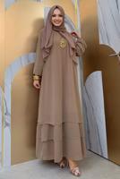 Tesettür giyim VİZON MANŞETLERİ LASTİKLİ ŞİFON KAT ELBİSE T 0603