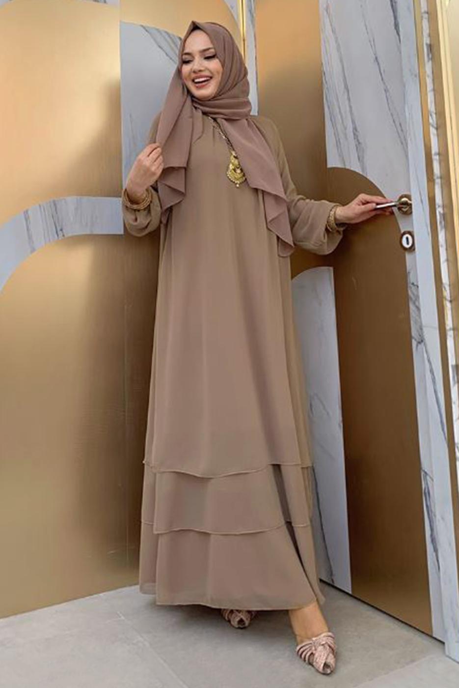 Tesettür giyim VİZON MANŞETLERİ LASTİKLİ ŞİFON KAT ELBİSE T 0603