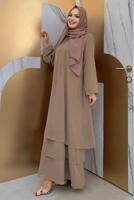 Tesettür giyim VİZON MANŞETLERİ LASTİKLİ ŞİFON KAT ELBİSE T 0603