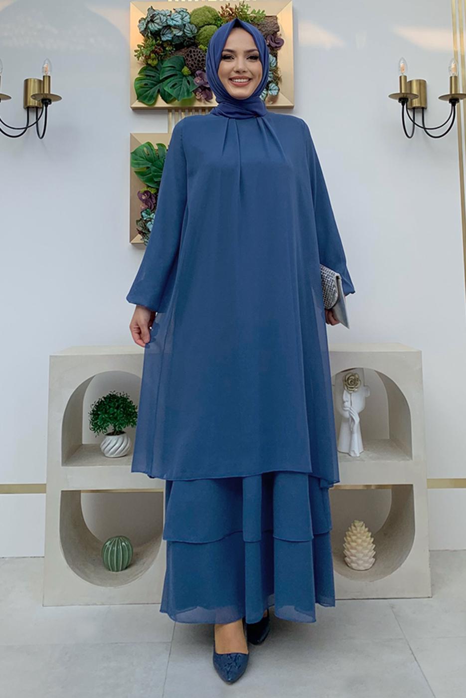 Tesettür giyim LACİVERT MANŞETLERİ LASTİKLİ ŞİFON KAT ELBİSE T 0603