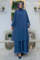 Tesettür giyim LACİVERT MANŞETLERİ LASTİKLİ ŞİFON KAT ELBİSE T 0603
