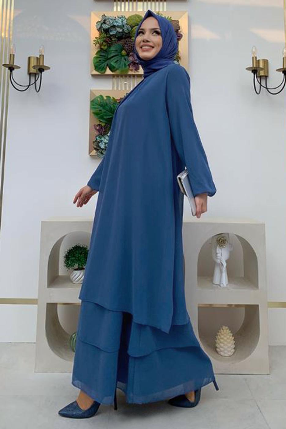 Tesettür giyim LACİVERT MANŞETLERİ LASTİKLİ ŞİFON KAT ELBİSE T 0603