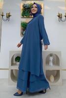 Tesettür giyim LACİVERT MANŞETLERİ LASTİKLİ ŞİFON KAT ELBİSE T 0603