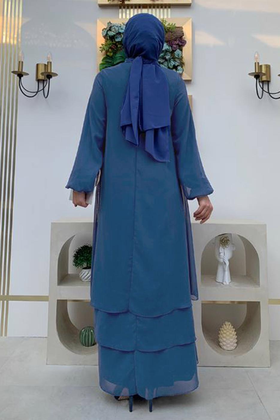 Tesettür giyim LACİVERT MANŞETLERİ LASTİKLİ ŞİFON KAT ELBİSE T 0603
