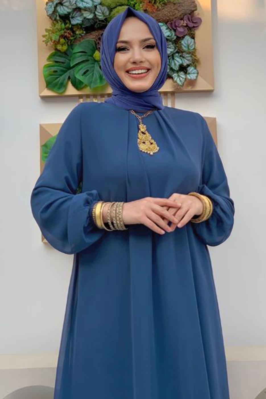 Tesettür giyim LACİVERT MANŞETLERİ LASTİKLİ ŞİFON KAT ELBİSE T 0603