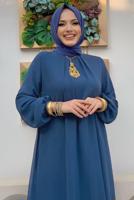 Tesettür giyim LACİVERT MANŞETLERİ LASTİKLİ ŞİFON KAT ELBİSE T 0603