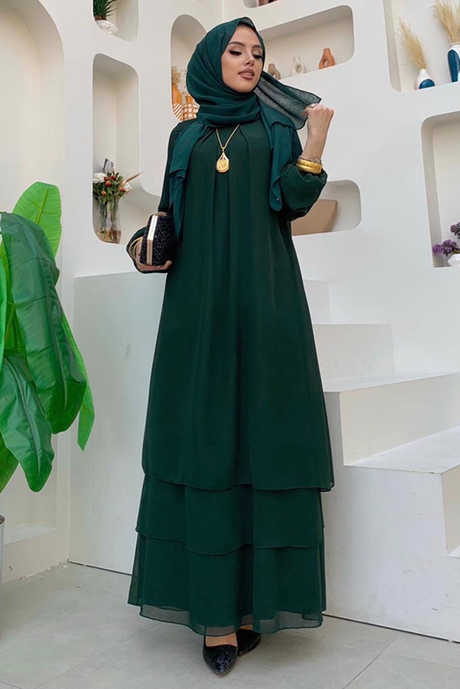 Tesettür giyim YEŞİL MANŞETLERİ LASTİKLİ ŞİFON KAT ELBİSE T 0603