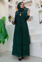 Tesettür giyim YEŞİL MANŞETLERİ LASTİKLİ ŞİFON KAT ELBİSE T 0603