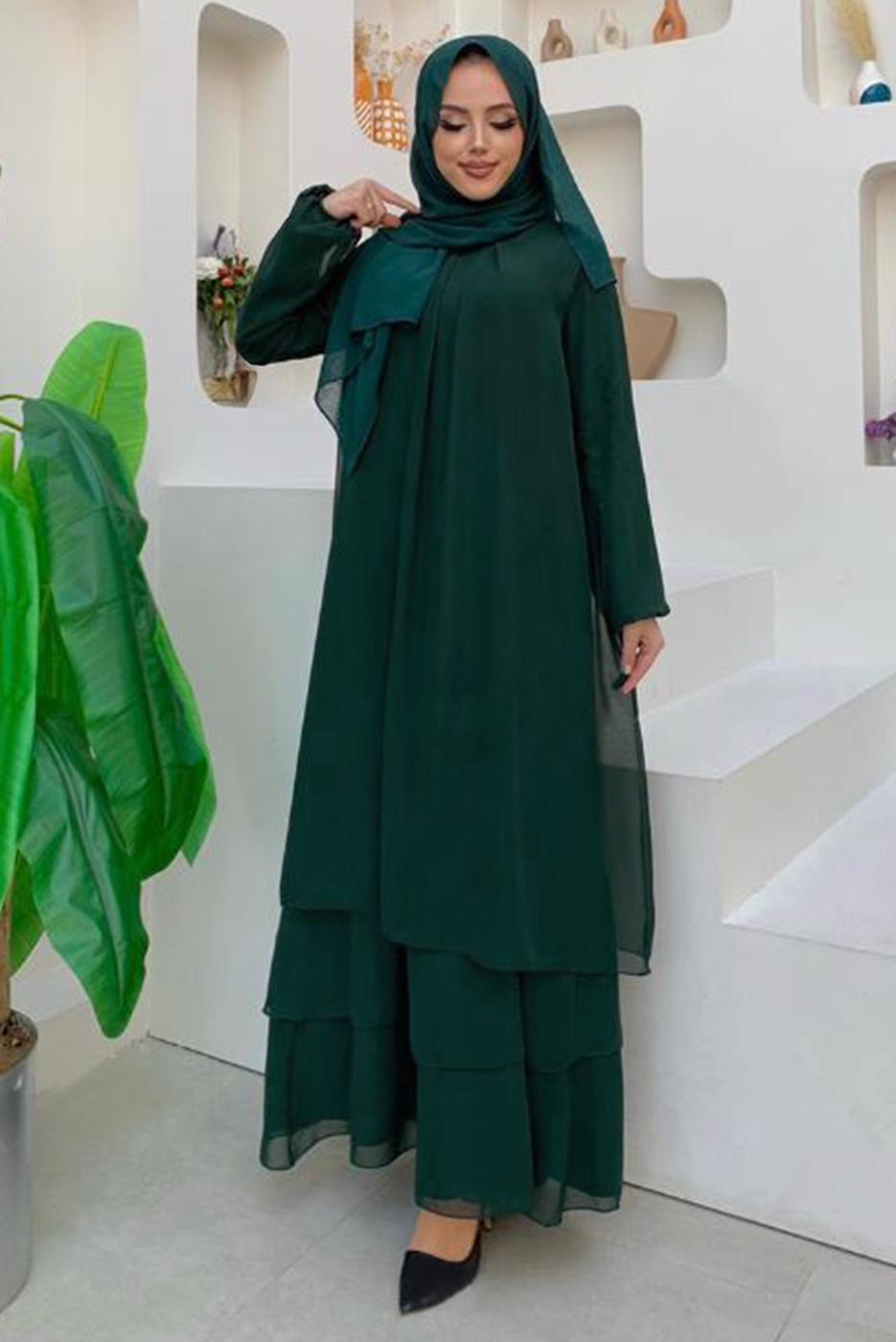 Tesettür giyim YEŞİL MANŞETLERİ LASTİKLİ ŞİFON KAT ELBİSE T 0603