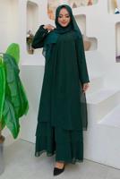 Tesettür giyim YEŞİL MANŞETLERİ LASTİKLİ ŞİFON KAT ELBİSE T 0603