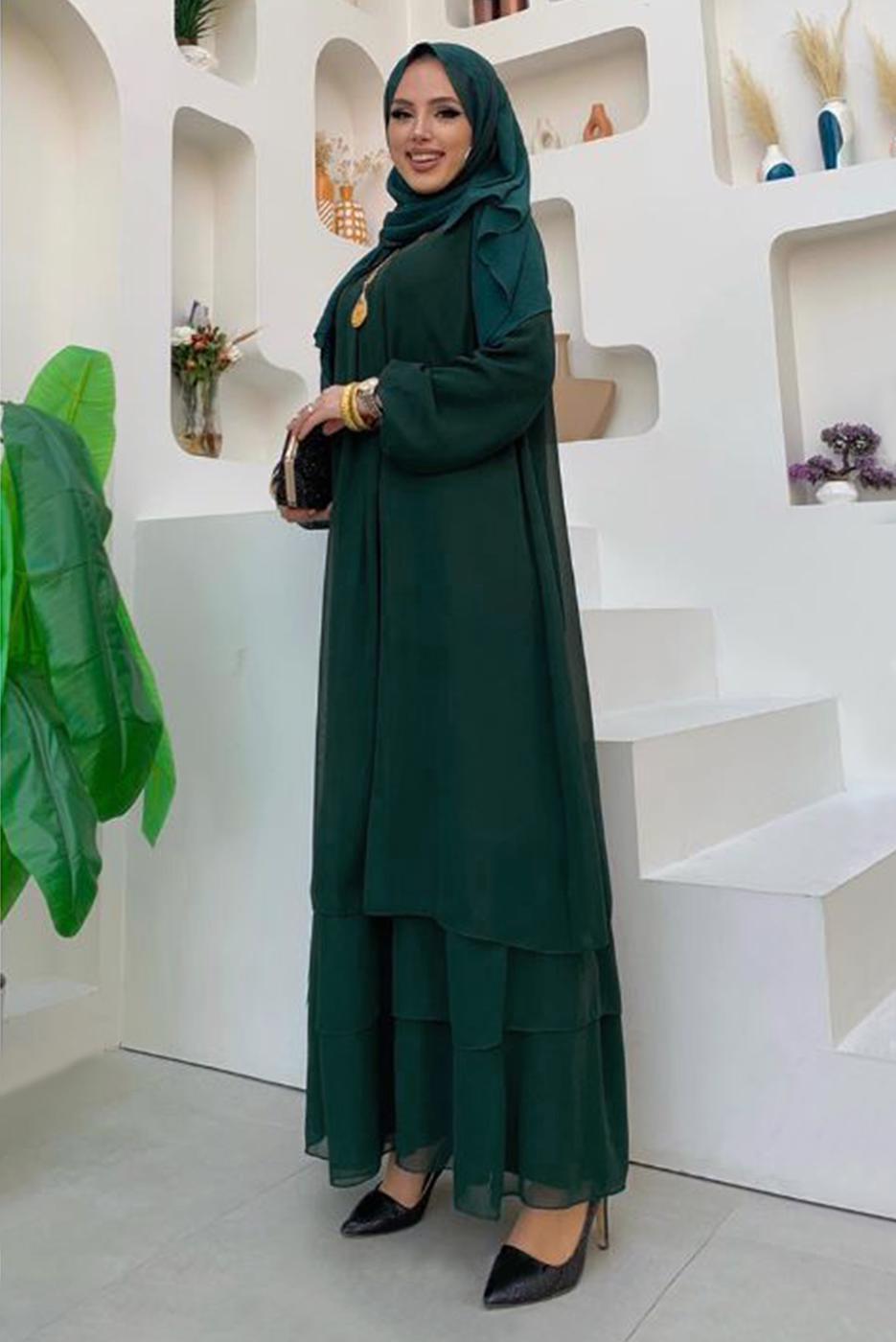 Tesettür giyim YEŞİL MANŞETLERİ LASTİKLİ ŞİFON KAT ELBİSE T 0603