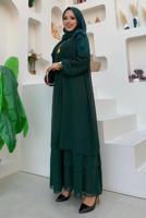 Tesettür giyim YEŞİL MANŞETLERİ LASTİKLİ ŞİFON KAT ELBİSE T 0603