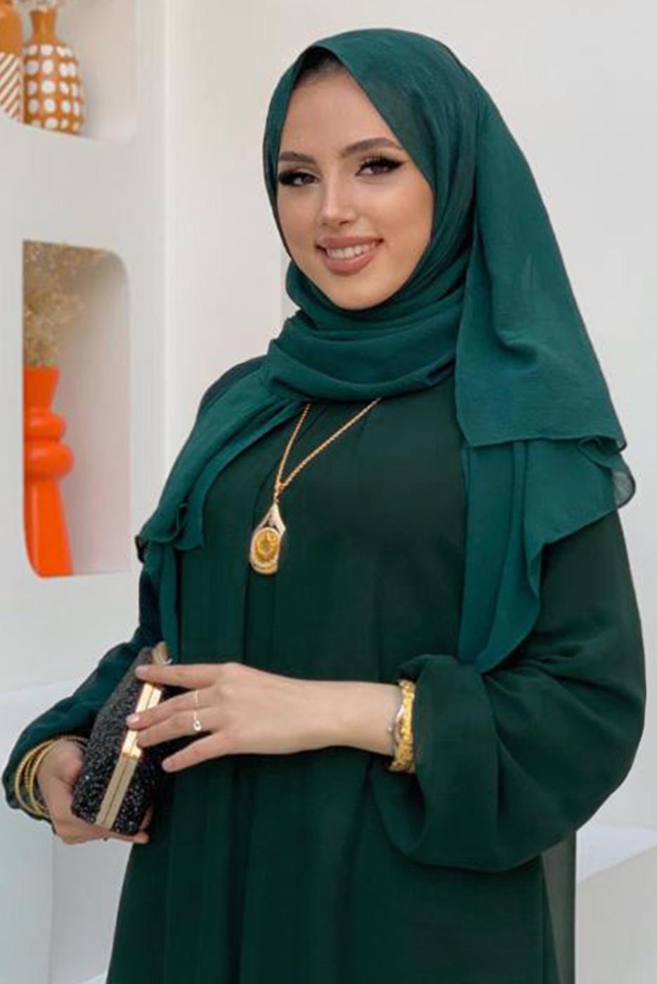 Tesettür giyim YEŞİL MANŞETLERİ LASTİKLİ ŞİFON KAT ELBİSE T 0603