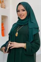 Tesettür giyim YEŞİL MANŞETLERİ LASTİKLİ ŞİFON KAT ELBİSE T 0603
