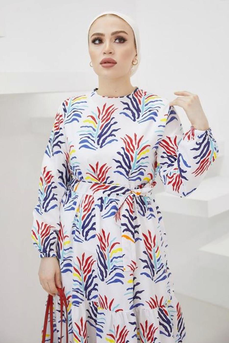 Tesettür giyim KIRMIZI DESENLİ KUŞAKLI TERİKOTON ELBİSE T 0624