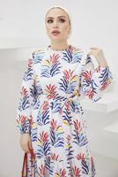 Tesettür giyim KIRMIZI DESENLİ KUŞAKLI TERİKOTON ELBİSE T 0624