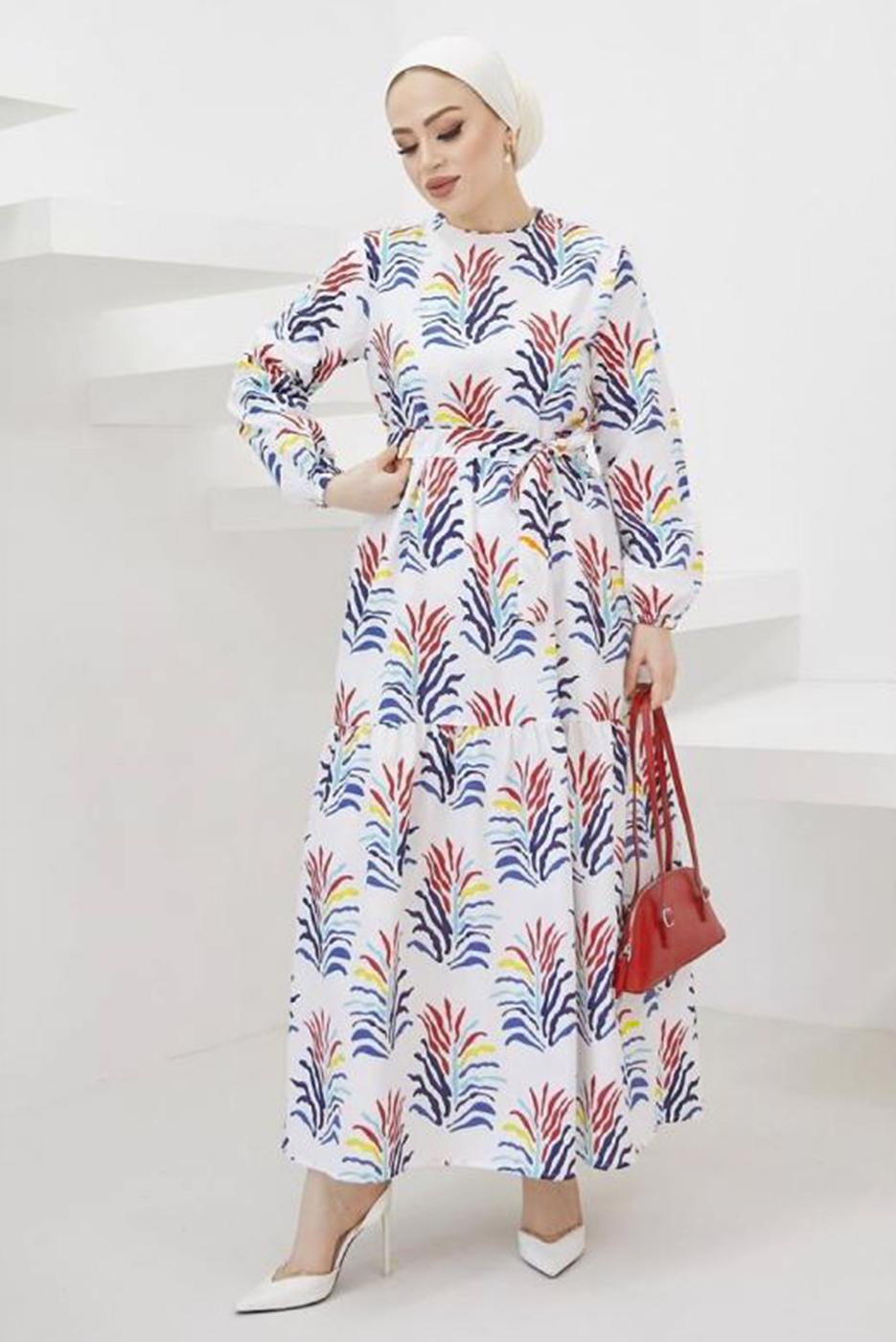 Tesettür giyim KIRMIZI DESENLİ KUŞAKLI TERİKOTON ELBİSE T 0624